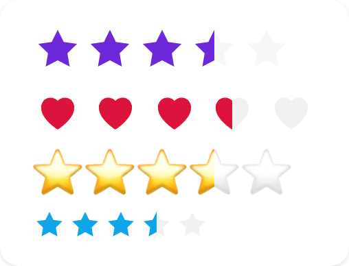A gallery of ratings styled with different sizes, gaps, colours, and empty-layer filters